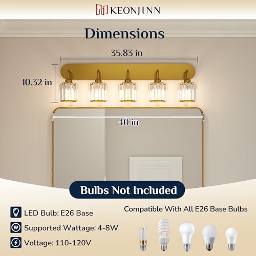Keonjinn 5-Light Bathroom Light Fixtures, Crystal Gold Bathroom Vanity Lights Over Mirror, Vanity Lighting Fixtures with Crystal Square Shades (E26 Socket, Exclude Bulb) - color: Gold, size: 5-Light