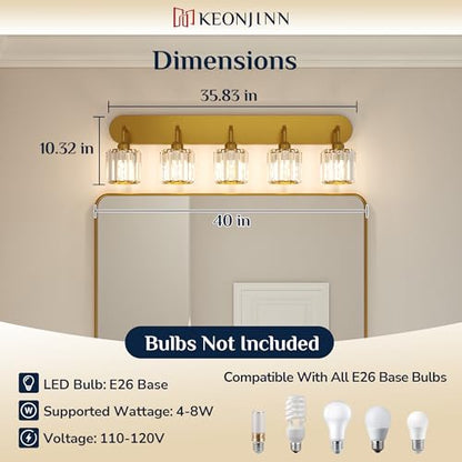 Keonjinn 5-Light Bathroom Light Fixtures, Crystal Gold Bathroom Vanity Lights Over Mirror, Vanity Lighting Fixtures with Crystal Square Shades (E26 Socket, Exclude Bulb) - color: Gold, size: 5-Light
