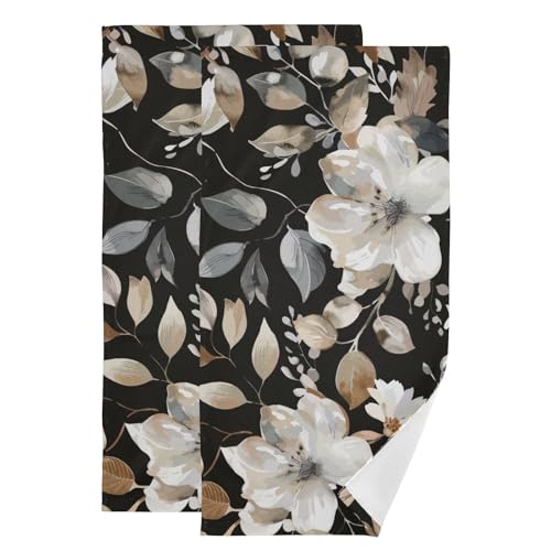 2 Pack Brown Beige Blooming Floral Hand Towels for Bathroom,Absorbent Fingertip Guest Black Flower Leaves Decorative Bath Towels,Soft Abstract Leaf Dish Towels for Kitchen Decor 14"x28" - color: Black Beige