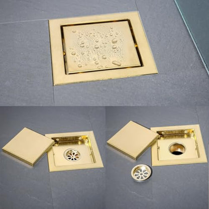 RANDOM Brushed Gold Shower Drain Square with Adjustable Base Flange,SUS304 Stainless Steel 6 inch Floor Drain Kit with Tile Insert Flat Shower Drain Cover & Threaded Adapter.98728BG-S - color: D-brushed Gold-6″ Square With Base Flange