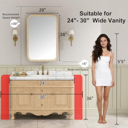 20x28 Inch Wood Medicine Cabinet with Mirror for Bathroom, Oak | Fully Assembled, Surface or Recessed Mount Mirror Cabinet, Rounded Corner, 3 Adjustable Glass Shelves, Soft-Close Door