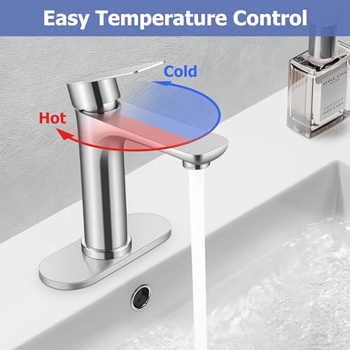 Herogo Bathroom Sink Faucet 1 or 3 Holes, Brushed Nickel Bathroom Faucet with Pop-up Drain, Hooks & Water Supply Hoses, Stainless Steel, Single Handle, for Vanity RV Farmhouse - color: Brushed Nickel