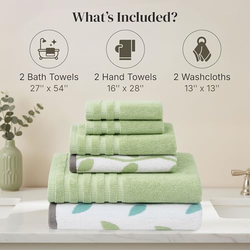 Modern Threads 6 Piece Bath Towel Set – Bathroom Set with 2 Bath Towels, 2 Hand Towels, and 2 Wash Cloths – 100% Cotton, Super Absorbent & Extra Soft – Reversible Natural Vine (Sage Green) - color: Sage Green