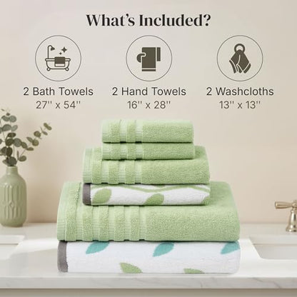 Modern Threads 6 Piece Bath Towel Set – Bathroom Set with 2 Bath Towels, 2 Hand Towels, and 2 Wash Cloths – 100% Cotton, Super Absorbent & Extra Soft – Reversible Natural Vine (Sage Green) - color: Sage Green