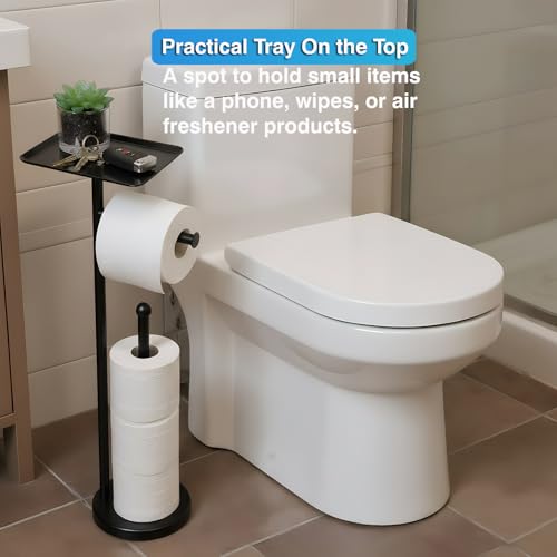 Toilet Paper Holder with Shelf, Freestanding Toilet Paper Stand with Storage Space for Holding Extra 4 Toilet Paper Rolls (Stainless Steel Base, Black) - color: Black