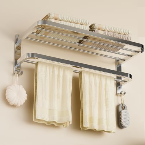 Generic NICETAKU 23inches Towel Racks for Bathroom Towel Shelf with Double Towel Bars Lavatory Wall Mount Holder with Hooks Stainless Steel Hotel Bath Rack (Silver) - color: Silver1