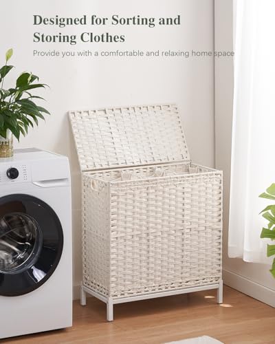 SETVSON Laundry Hamper with Lid, Large 132L Rattan Basket, White | 3-Section Large 35 Gal Clothes Hamper, 3 Removable Bags, Heightened Metal Feet, 6 Mesh Laundry Bags, Steel Frame - color: Cloud White, size: 132 L - 35 gal