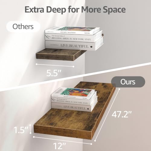 QEEIG 12" Deep Floating Shelves for Wall - 12 x 48 inch Book Shelf Bathroom Bedroom Kitchen Living Room Hanging Bookshelf Farmhouse Set of 3, Brown (026-120BN3) - color: A. Brown, size: 47.2" x 12"