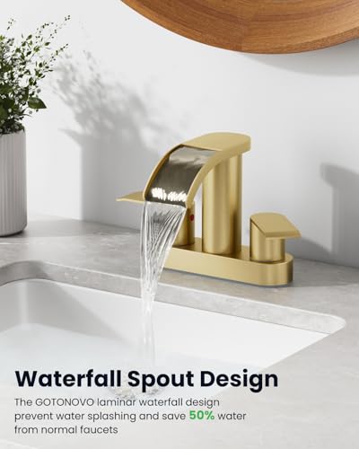 gotonovo 4’’ Centerset Bathroom Sink Faucet Waterfall Brushed Gold | SUS304 Bathroom Faucet,2.17’’ Wide Spout,24’’ cUPC Water Line,Pop up Drain,2 Handle,Basin,Vanity,RV,Lavatory 2 or 3 Hole Sink - color: Gold