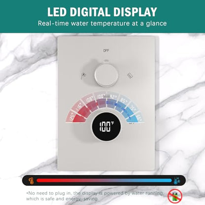 Digital Display Shower Faucet Set Dual Shower System | 14X20" LED Ceiling Shower & 6" Wall Mounted Shower Head & Dual Function Handheld Shower, Brushed Nickel - color: Brushed Nickel