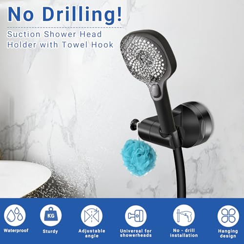 Suction Cup Shower Head Holder Wall Mount, Removable Handheld Shower Head Holder with Side Hook, Adjustable Vacuum Suction Shower Wand Holder (Black) (Black) - color: Black