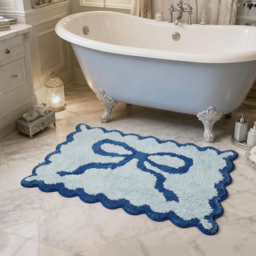 ORTIGIA Cute Blue Coquette Bow Bath Mat, Fun Plush Microfiber Scallop Bathroom Rugs Non Slip Washable Quick Dry Absorbent, Bath Rug Carpet for Shower Stall Vanities Kitchen Floor Entrance, 20x32 - color: Blue Bow, size: 1'8" x 2'8" (Scalloped)