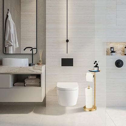 Toilet Paper Holder Stand Gold: Free Standing Tissue Roll Holder with Phone Shelf - Toilet Roll Dispenser Storages for 4 Rolls, Durable Stainless Steel for Bathroom