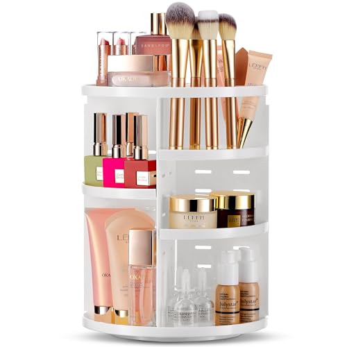 Masirs 360 Rotating Makeup Organizer Countertop, Adjustable Shelf, White | 360-Degree Rotating Makeup Organizer, Adjustable Shelf Height, Cosmetic Perfume Skincare Storage, Vanity Countertop, White - color: White