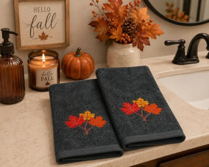 Serfina Home Harvest Fall Hand Guest Towels for Bathroom, Embroidered Grey Gray Autumn Leaf Design, 100% Cotton, 16" x 25" Inches, 2 Pc Set - color: Autumn Leaf Grey