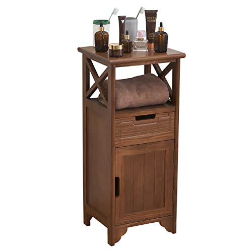 30 Inches Tall End Table, Fully Assembled Bathroom Floor Cabinet with Shelf and Storage, No Assembly Nightstand with Drawer for Bedroom-Walnut | Solid Wood; No Assembly; 30-Inch Tall; Drawer Storage; Slim Bathroom Cabinet; Side & End Table; Floor Storage