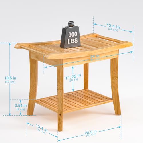 Small Bamboo Shower Bench, Non-Slip Bathroom Chair, Tub Side Bath Stool | Waterproof Spa Bench for Inside Shower, Storage Shelf & Safety Handle Design, Ideal for Elderly, Supports 300 lbs, Nature - size: 24 x 13.4 x 18.5 inches+Beige
