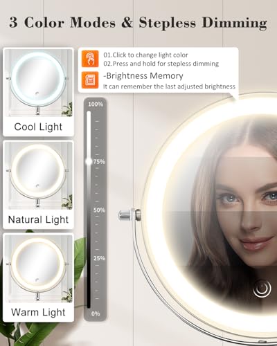 20X 9" Wall Mounted Magnifying Makeup Mirror with Light Height Adjustable | 5000mAh Double Sided Rechargeable LED Lighted Vanity Mirror with Magnification 3 Color Light up Extended Arm 360 Rotation - color: 9inches-chrome
