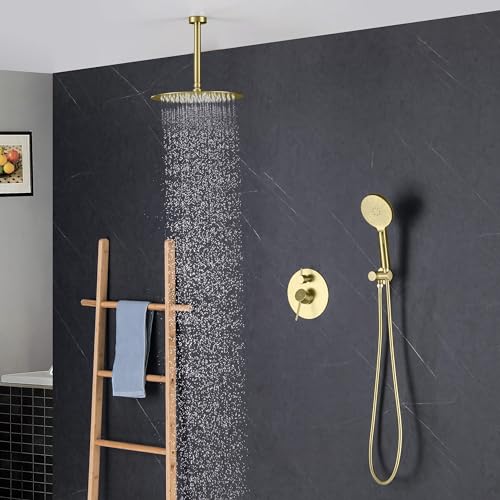 Circular Ceiling Mounted Shower System with 2-Function Faucet Set | Solid Brass Pressure Balanced Valve | Anti-Scald Design for Reliable Water Temperature Control (Brushed Gold Finish, KSF408) - color: Brushed Gold