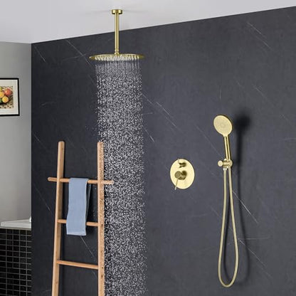 Circular Ceiling Mounted Shower System with 2-Function Faucet Set | Solid Brass Pressure Balanced Valve | Anti-Scald Design for Reliable Water Temperature Control (Brushed Gold Finish, KSF408) - color: Brushed Gold