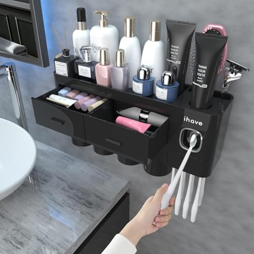 iHave Toothbrush Holders Wall Mounted with Toothpaste Dispenser & 4 Cups | All-in-One Bathroom Organizer: 4 Cups, 7 Slots, Toothpaste Dispenser, Large Tray & Drawer. Wall Mount, No Drilling Required - color: Black, size: 4 cup