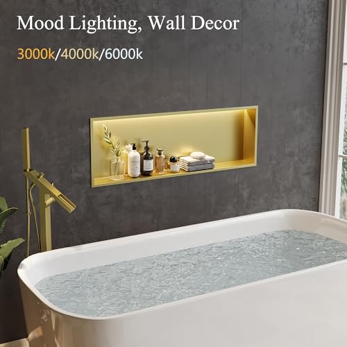36"x12" Gold LED Shower Niche,3 CCT Dimmable Light, No Tile Needed | 304 Stainless Steel Bathroom Niche w/ Light(3000K/4000K/6000K), IP66 Waterproof, Space Saving & Durable ,LED Driver Included - color: Brass Gold, size: 36X12In