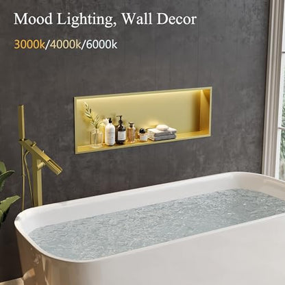 36"x12" Gold LED Shower Niche,3 CCT Dimmable Light, No Tile Needed | 304 Stainless Steel Bathroom Niche w/ Light(3000K/4000K/6000K), IP66 Waterproof, Space Saving & Durable ,LED Driver Included - color: Brass Gold, size: 36X12In