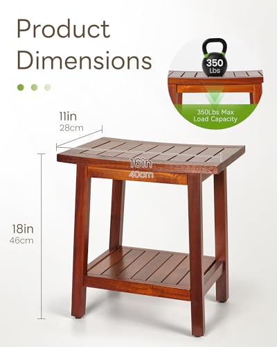 Upolana Teak Shower Bench, 16" Solid Acacia Wood Shower Stool Waterproof Shower Seat with Storage Shelf for Bathroom, Indoor & Outdoor Use