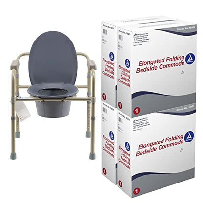 Dynarex Elongated Folding Bedside Commodes, 3-in-1 Design, Functions as a Commode, Raised Toilet Seat or Safety Rails, with Armrests, Drop-in Bucket & Splash Guard, 4 Commodes