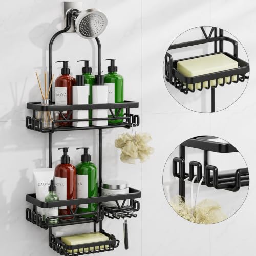 DAOYA Shower Caddy Hanging, Anti-Swing Over Head Shower Caddy, Rustproof Bathroom Organizer with Soap Holder & Hooks - color: Black, size: L