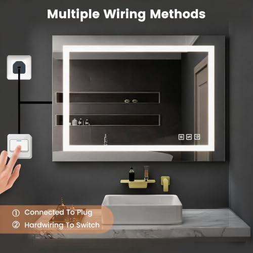 Front Lit LED Bathroom Mirror 40x32, Wall Mounted Lighted Vanity with Dimmable Anti-Fog Smart Memory, Shatter-Proof Glass, Horizontal or Vertical - size: 40"L x 32"W