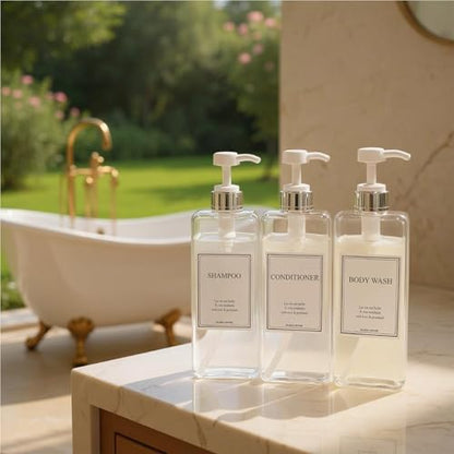 Modern Design Shampoo and Conditioner Dispenser, Large 27oz Shower Soap Dispenser, Set of 3 Refillable Empty Plastic Pump Bottles for Bathroom, 6 Waterproof Labels Included, (Clear & Silver) - color: Clear & Silver
