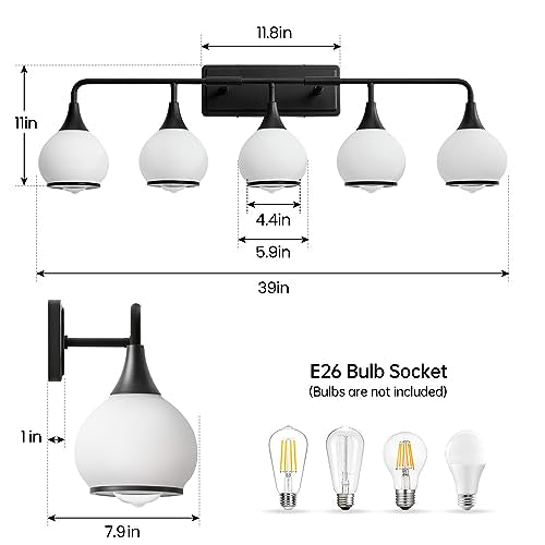 Black Bathroom Light Fixtures 5-Lights Vanity Lights with Milky White Frosted Glass Shade Bathroom Vanity Light 39.2 inch Wall Sconce Lighting Bath(Exclude E26 Bulb) - color: Black, size: 5 Light