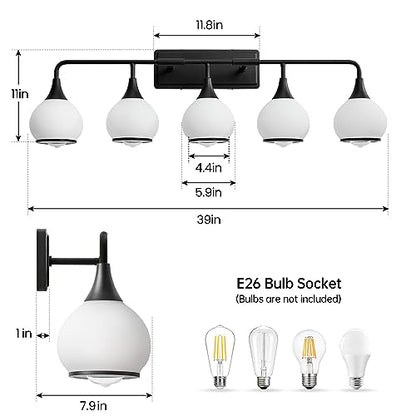 Black Bathroom Light Fixtures 5-Lights Vanity Lights with Milky White Frosted Glass Shade Bathroom Vanity Light 39.2 inch Wall Sconce Lighting Bath(Exclude E26 Bulb) - color: Black, size: 5 Light