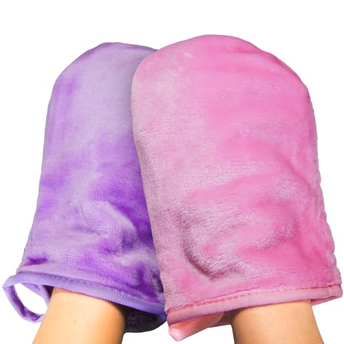 EcoSol Designs - Microfiber Mittens, Ultra-Soft Body Exfoliator Lathering and General Cleaning Dusting Must-Have, Thick Exfoliant Glove 2-Pack with Hanging Loops, Pink and Lavender, 6 x 9 inches Each - color: Mittens - Pink, Lavender