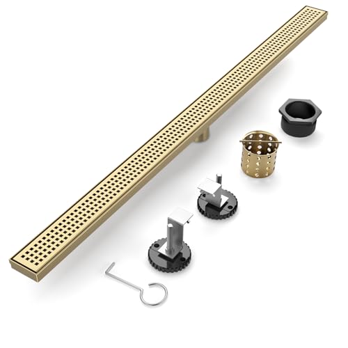 Linear Shower Drain - 48 Inch Brushed Gold, with Grate Removable | AISI 304 Stainless Steel Shower Drain with Adjustable Feet, Hair Catcher, Rectangle Shower Floor Drain Fits Bathroom, Balcony - color: Brushed Gold, size: 48 Inch