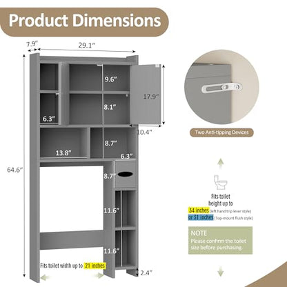 Over the Toilet Storage Cabinet, Freestanding Farmhouse Storage Cabinet Over Toilet, Bathroom Organizer with Paper Holder Stand and Adjustable Shelf, Grey - color: Light Grey