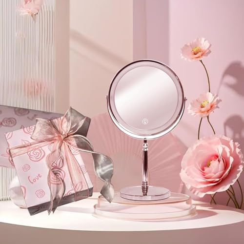 Makeup Mirror with Lights ，8 Inch 1X/10X Rechargeable Double Sided Magnifying, 360° Rotation LED HD Mirror with 3 Colors，Brightness Adjustable, Gifts for Women & Men