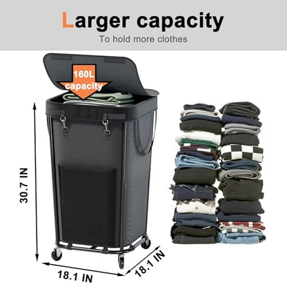 Laundry Basket with Lid and Wheels Rolling Laundry Basket, Removable Laundry Bag Design for Daily Use in Bathrooms and Laundry Rooms (Cover Black, 160L) - color: Cover Black