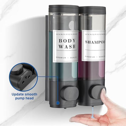 Shampoo and Conditioner Dispenser Shower Dispenser Body Wash Wall Mounted Shampoo Dispenser for Shower Wall No Drill for Bathroom Hotel 2 Chamber x 300ml Black with Waterproof Labels - color: Black 2