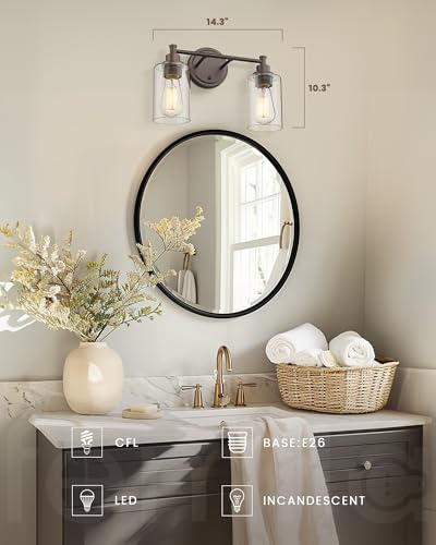 FEMILA Bathroom Vanity Light, Vanity Lighting fixtures, Modern Wall Sconce Bathroom Lighting with Claer Glass Shade, 2-Light Bathroom Light Fixtures, Oil Rubbed Bronze Finish, 4FYC56B-2W ORB - color: Oil-Rubbed Bronze, size: 14.3"