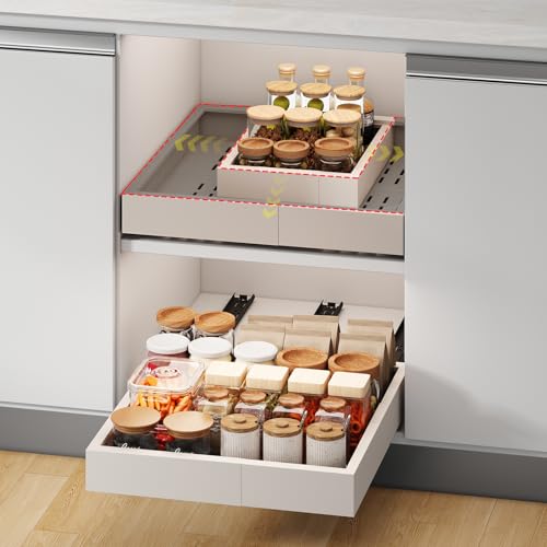 Pull out Cabinet Organizer,Width (11"-16") and Depth (17"-24") Expandable With 3 Rails,No Drill Adjustable Slide out Drawers for Kitchen,Pantry,Adhesive Roll out Shelves,for Cabinets Without Lip,White - color: White, size: (11"W-16"W)X(17"D-24"D)