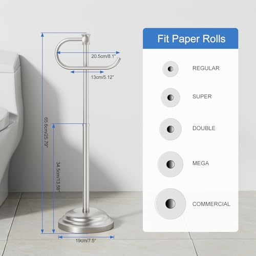RUMOSE Toilet Paper Holder Stand for Floor, Brushed Nickel Bathroom Free Standing Toilet Tissue Roll Holder with Storage, Adjustable 17-25 Inch, SUS304 Stainless Steel - color: Brushed Nickel