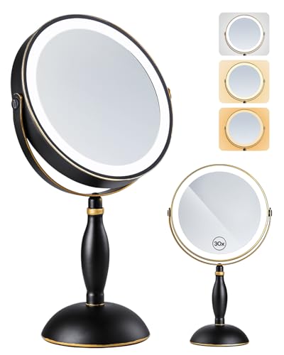 30X Magnifying Mirror with Light – Matte Black & Gold Trim | 8" Double Side Vanity Mirror, 360° Rotation, Rechargeable 5000mAh (Side Touch+Charge), 3 Color Lights Dimmable, Makeup Mirror - color: Matte Black & Gold Trim