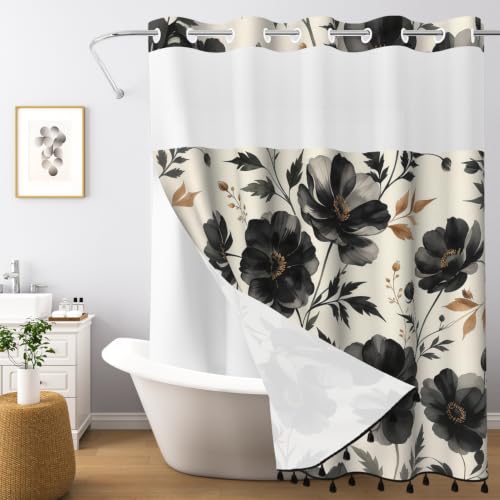 Black Floral Shower Curtain with Snap in Liner & Tassels, 71W x 77L | No Hook Needed, Double Layer Waterproof Fabric with Mesh Top, Dark Botanical Flower Design for Modern & Farmhouse Bathroom - color: Black Floral