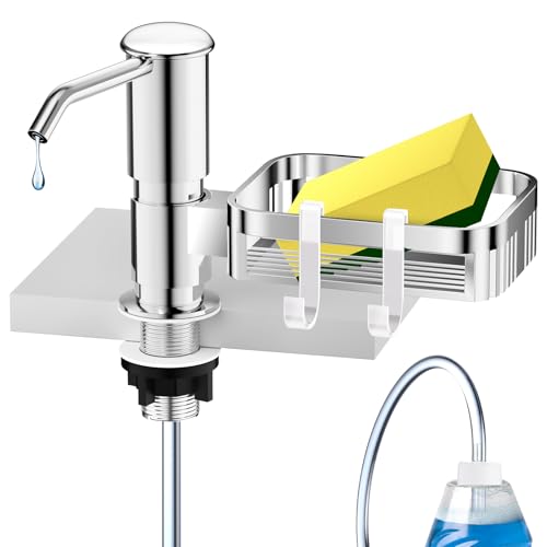 Soap Dispenser for Kitchen Sink, Mecyfaty Under Counter Sink Soap Dispenser Pump with 39" Extension Tube Kit, Built in ABS Kitchen Dish Soap Dispensers with Sponge Holder, No More Refills, Chrome - color: Chrome