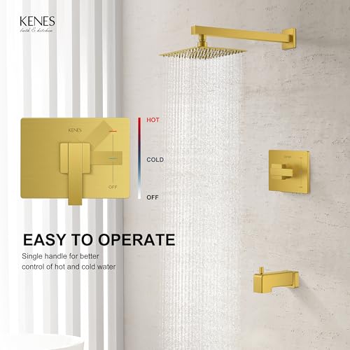KENES Brushed Gold Shower Set with Tub Faucet, Square Tub Shower Faucet Set | Shower Faucet with 10-Inch Rain Shower Head, Square Shower System, Valve Included, Lead-Free cUPC & NSF Certified, Stainless - color: Brushed Gold, style: Tub Shower Faucet Set