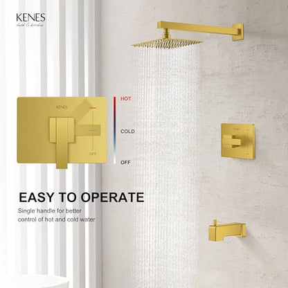 KENES Brushed Gold Shower Set with Tub Faucet, Square Tub Shower Faucet Set | Shower Faucet with 10-Inch Rain Shower Head, Square Shower System, Valve Included, Lead-Free cUPC & NSF Certified, Stainless - color: Brushed Gold, style: Tub Shower Faucet Set