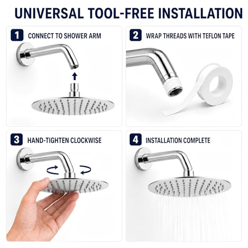 6 Inch Round Rain Shower Head Metal Stainless Steel High Flow Rainfall Shower Head with Self-Cleaning Silicone Nozzles Universal 1/2" Wall Mount for Bathroom - size: 6 Inch Round