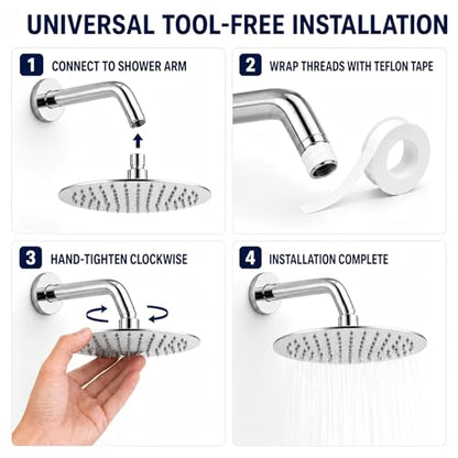 6 Inch Round Rain Shower Head Metal Stainless Steel High Flow Rainfall Shower Head with Self-Cleaning Silicone Nozzles Universal 1/2" Wall Mount for Bathroom - size: 6 Inch Round
